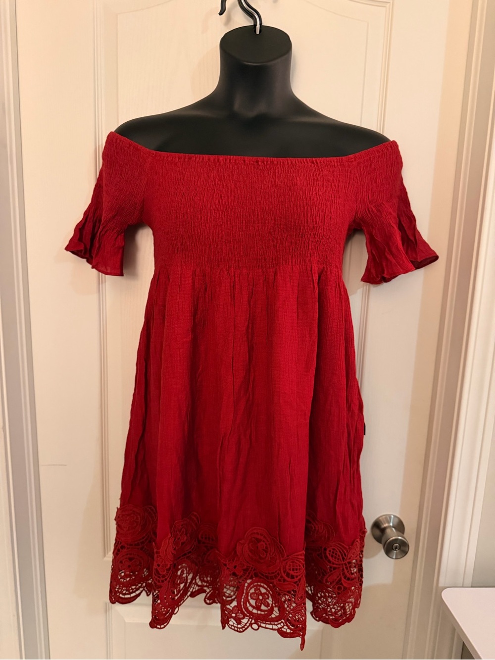 Lulu's Off-the-Shoulder Red Mini Dress with Lace Trim